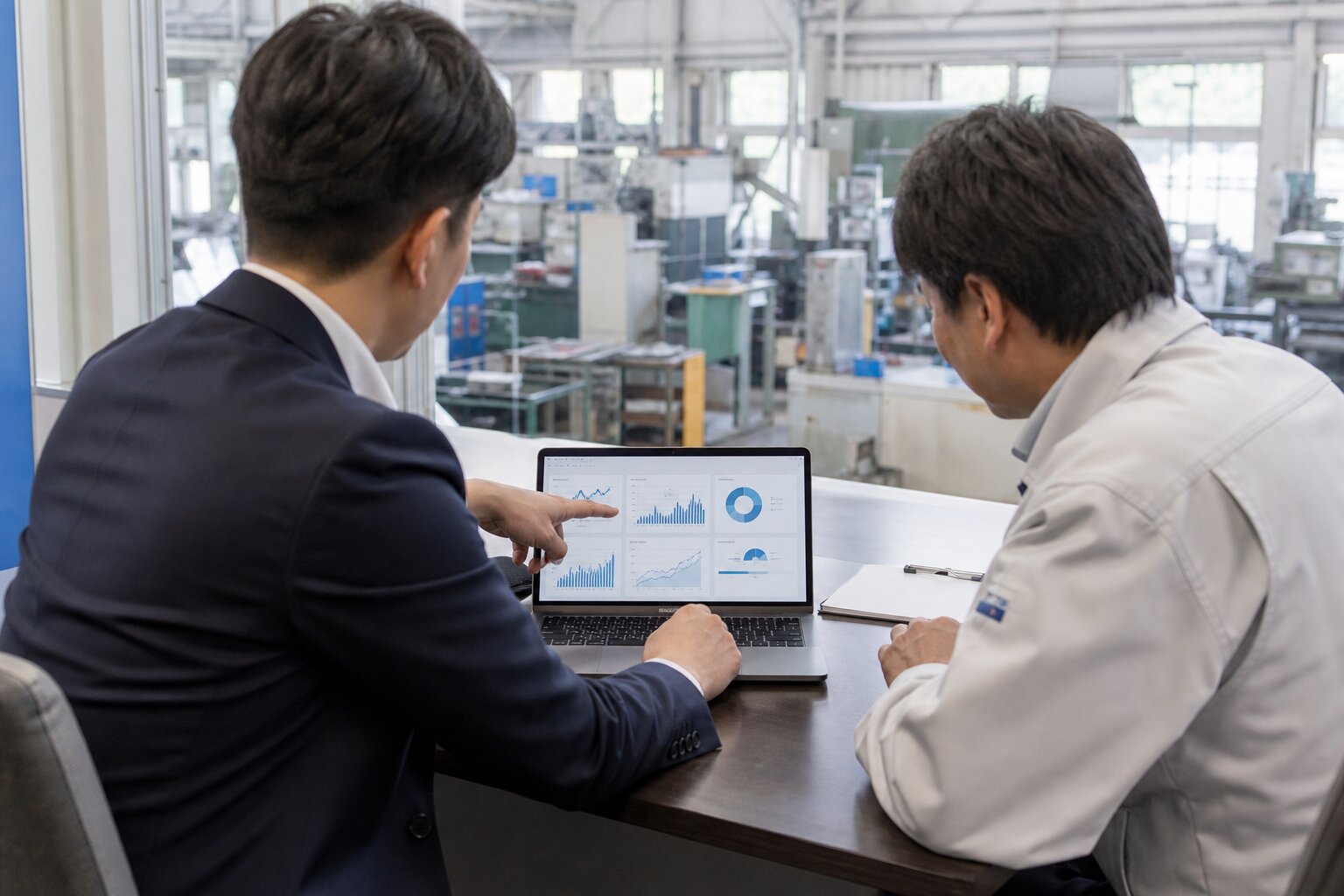 タブレットの資料を見ながら相談している様子