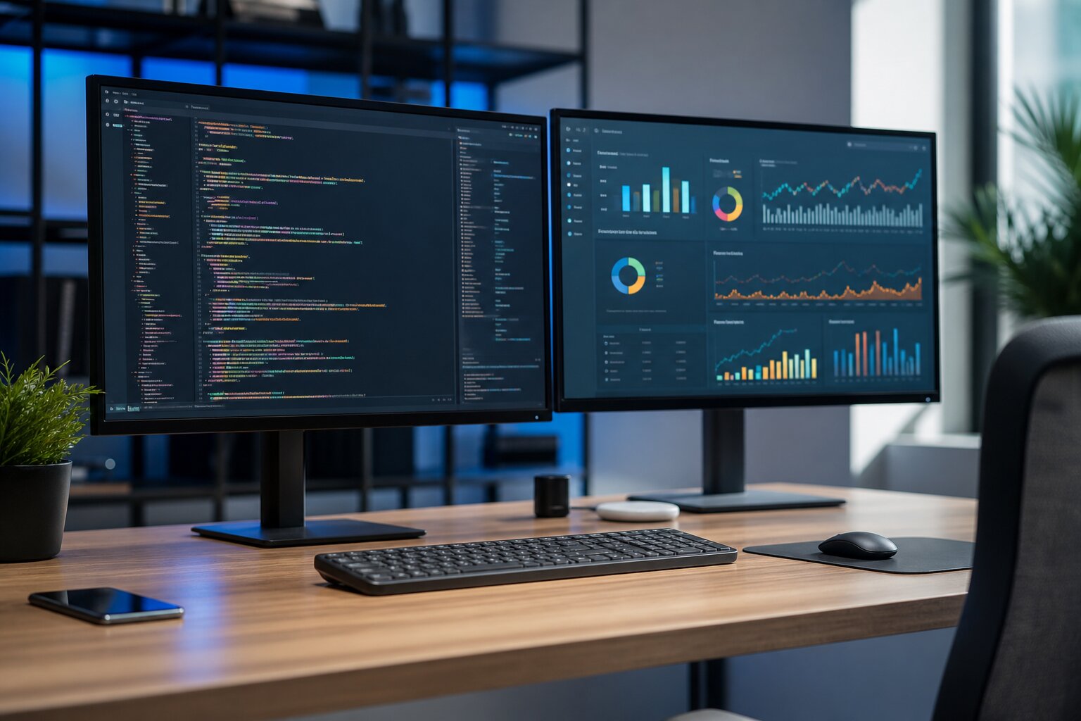 コードとダッシュボードが表示された開発ワークスペース