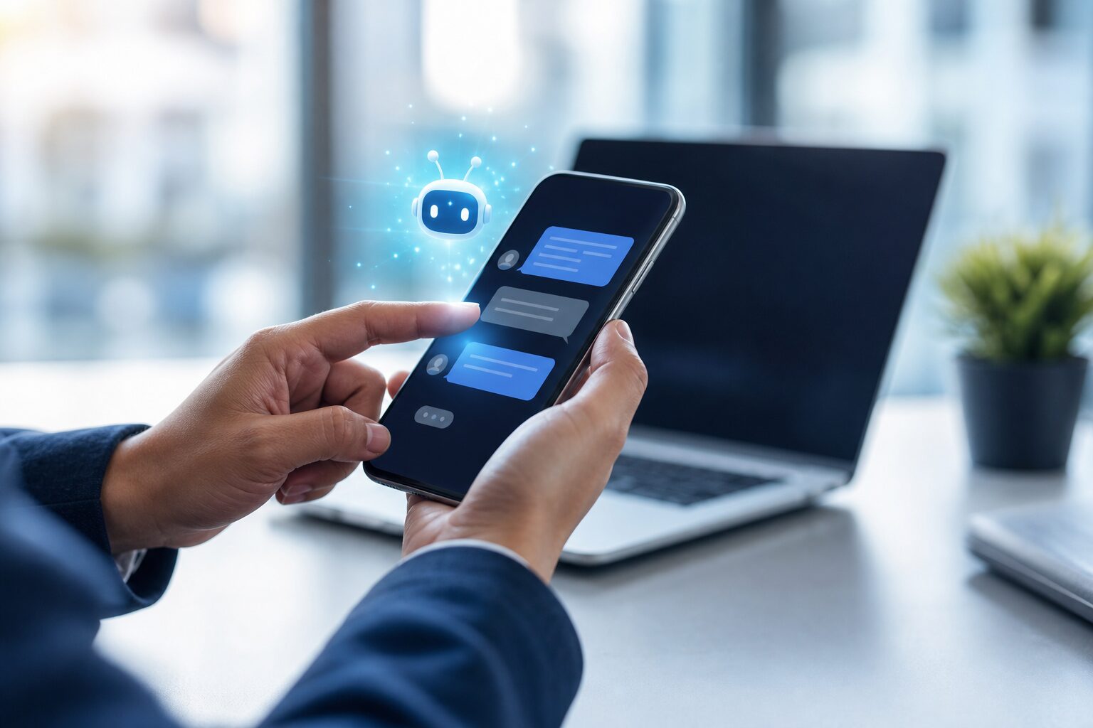スマートフォンの問い合わせにAIが自動で返信しているイメージ